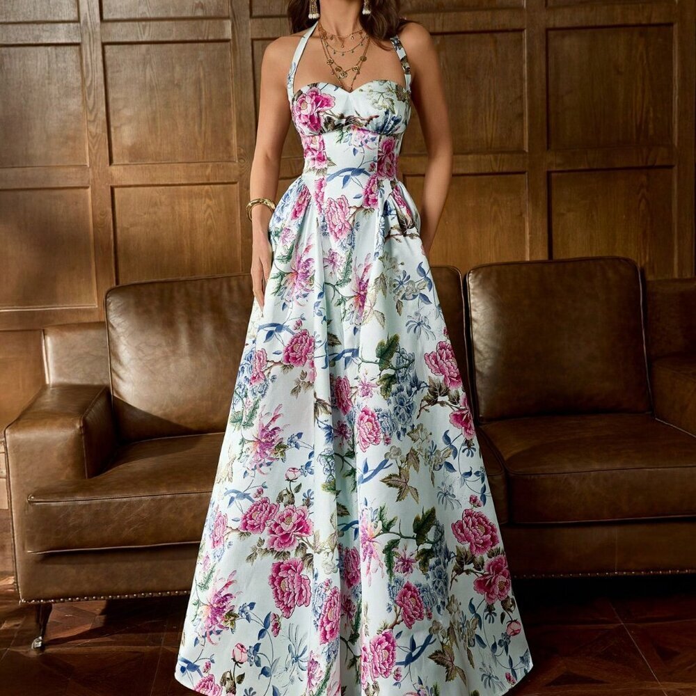 Baby Blue Elegant Women's Floral Satin Gown - Picture 5 of 9